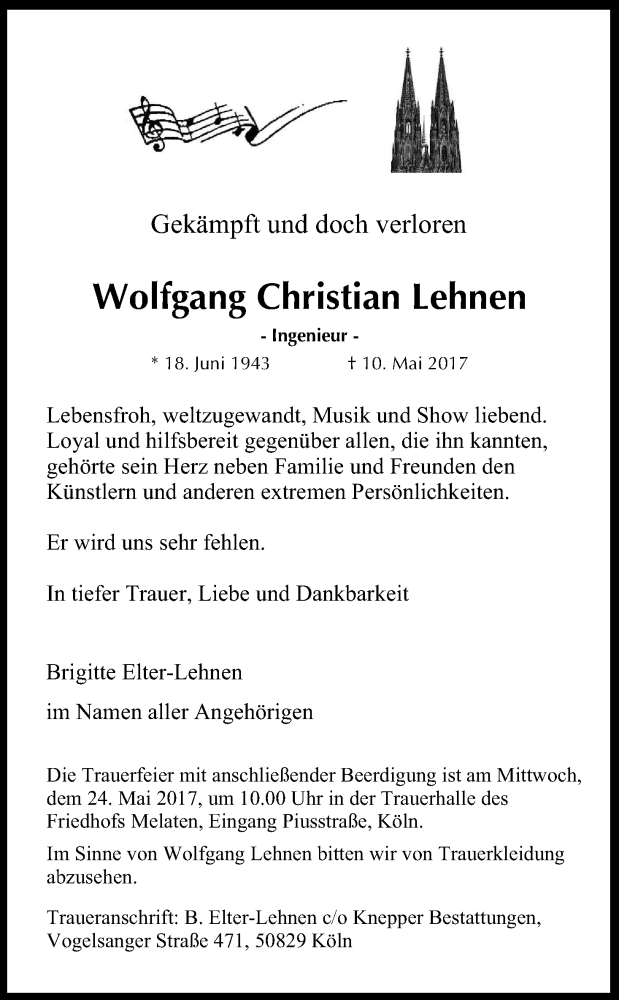  Traueranzeige für Wolfgang Christian Lehnen vom 13.05.2017 aus Kölner Stadt-Anzeiger / Kölnische Rundschau / Express