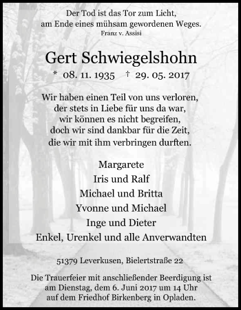 Anzeige von Gert Schwiegelshohn von Kölner Stadt-Anzeiger / Kölnische Rundschau / Express