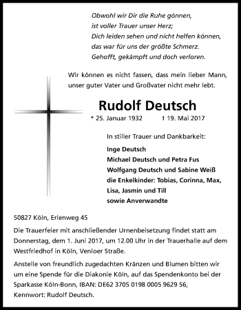 Anzeige von Rudolf Deutsch von Kölner Stadt-Anzeiger / Kölnische Rundschau / Express