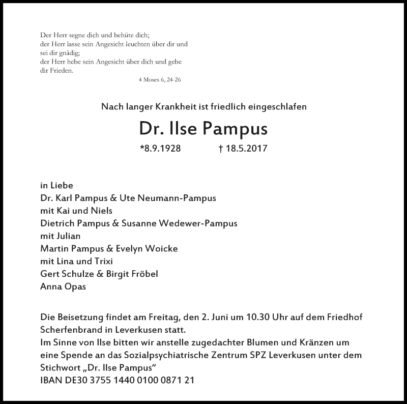  Traueranzeige für Ilse Pampus vom 27.05.2017 aus Kölner Stadt-Anzeiger / Kölnische Rundschau / Express