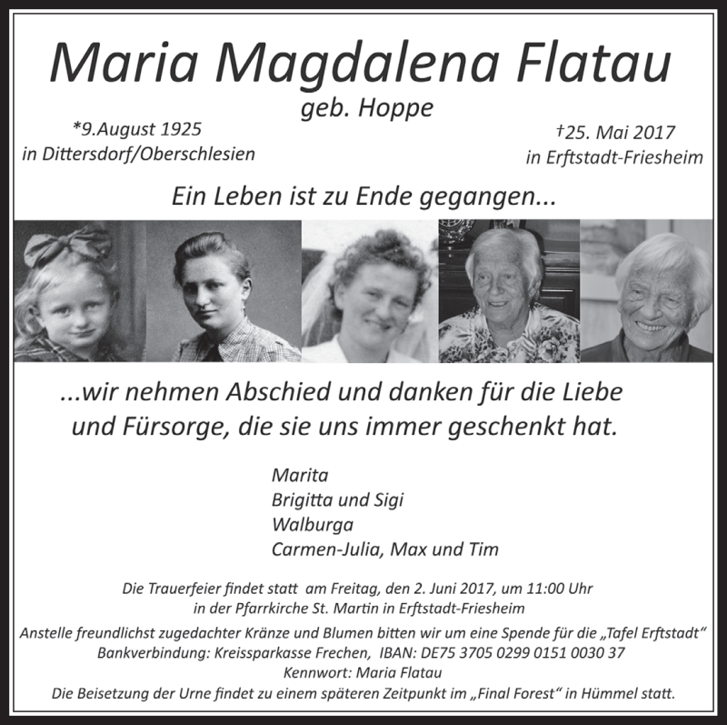  Traueranzeige für Maria Magdalena Flatau vom 31.05.2017 aus  Werbepost 