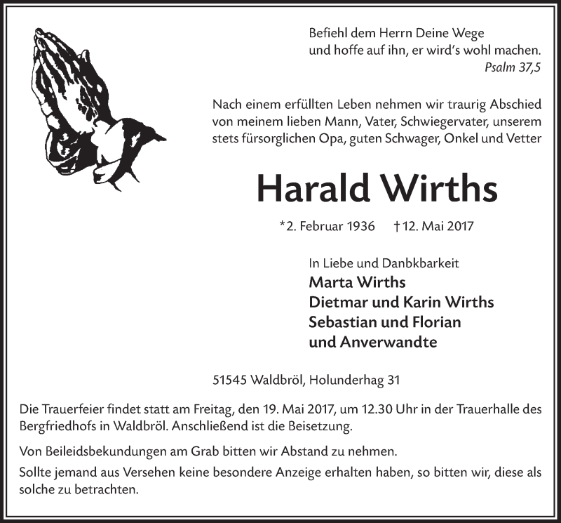  Traueranzeige für Harald Wirths vom 17.05.2017 aus  Lokalanzeiger 