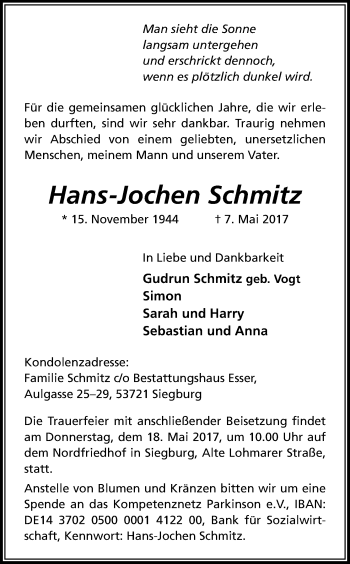 Anzeige von Hans-Jochen Schmitz von Kölner Stadt-Anzeiger / Kölnische Rundschau / Express