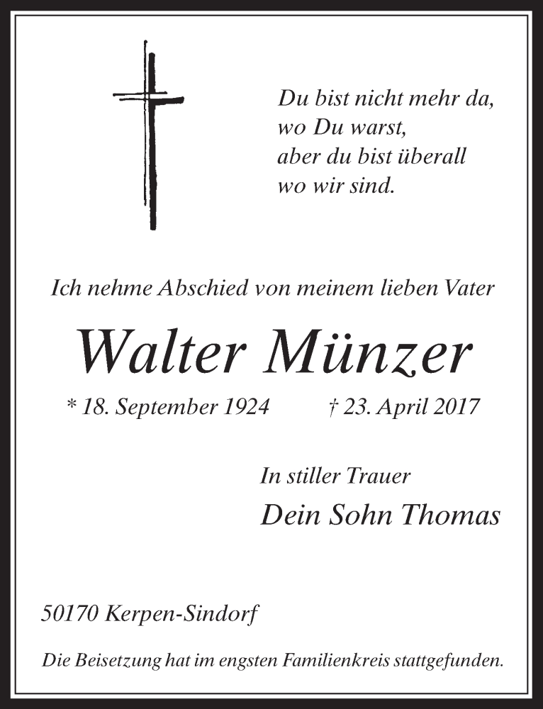  Traueranzeige für Walter Münzer vom 03.05.2017 aus  Werbepost 