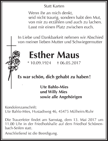 Anzeige von Esther Maus von  Lokalanzeiger 