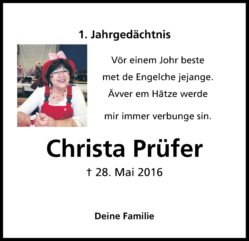  Traueranzeige für Christa Prüfer vom 27.05.2017 aus Kölner Stadt-Anzeiger / Kölnische Rundschau / Express