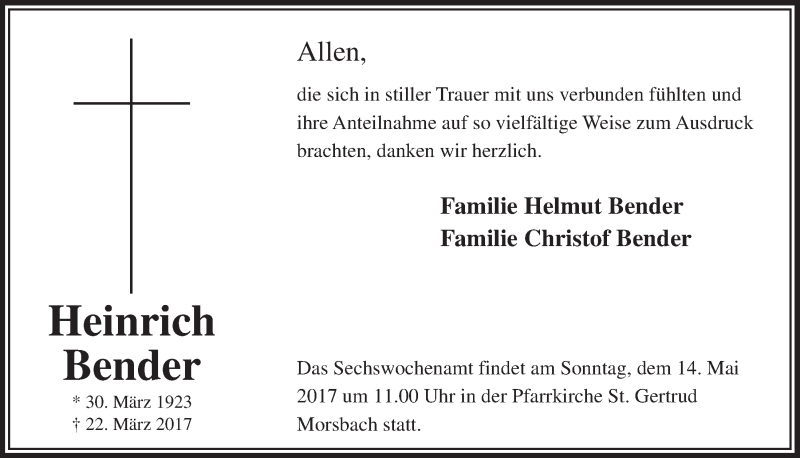  Traueranzeige für Heinrich Bender vom 10.05.2017 aus  Lokalanzeiger 