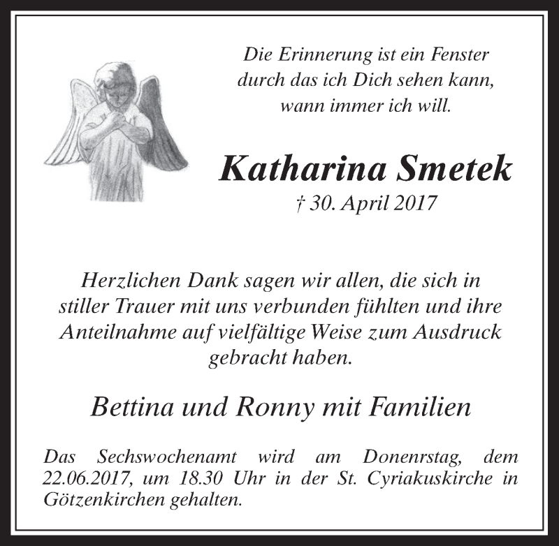 Traueranzeige für Katharina Smetek vom 24.05.2017 aus  Werbepost 