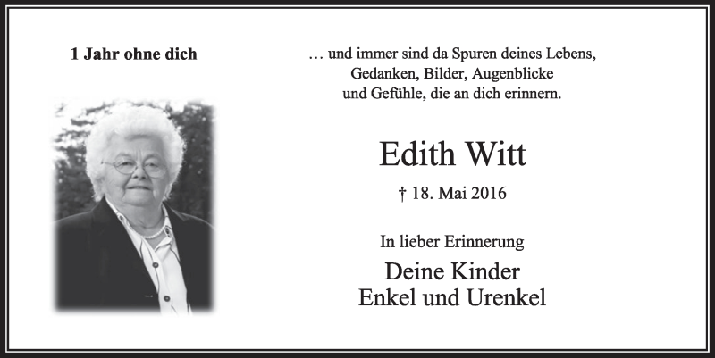  Traueranzeige für Edith Witt vom 13.05.2017 aus  Sonntags-Post 