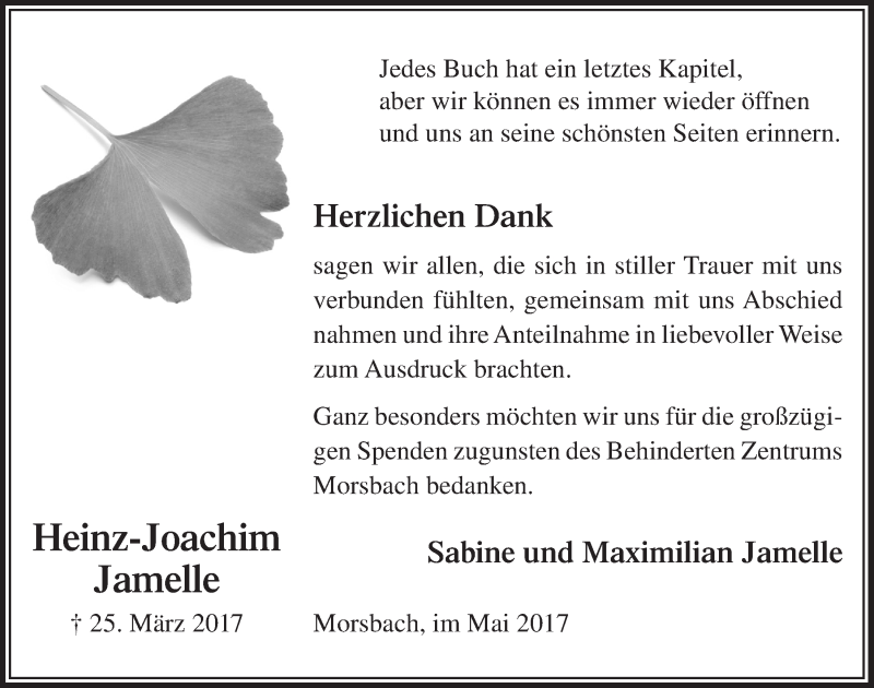  Traueranzeige für Heinz-Joachim Jamelle vom 03.05.2017 aus  Lokalanzeiger 