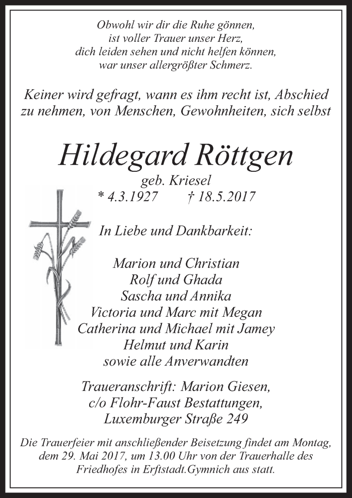  Traueranzeige für Hildegard Röttgen vom 24.05.2017 aus  Werbepost 