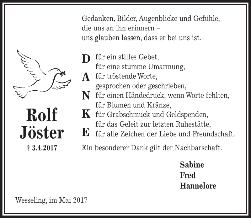  Traueranzeige für Rolf Jöster vom 03.05.2017 aus  Schlossbote/Werbekurier 