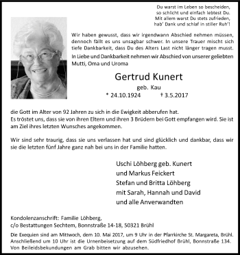 Anzeige von Gertrud Kunert von Kölner Stadt-Anzeiger / Kölnische Rundschau / Express
