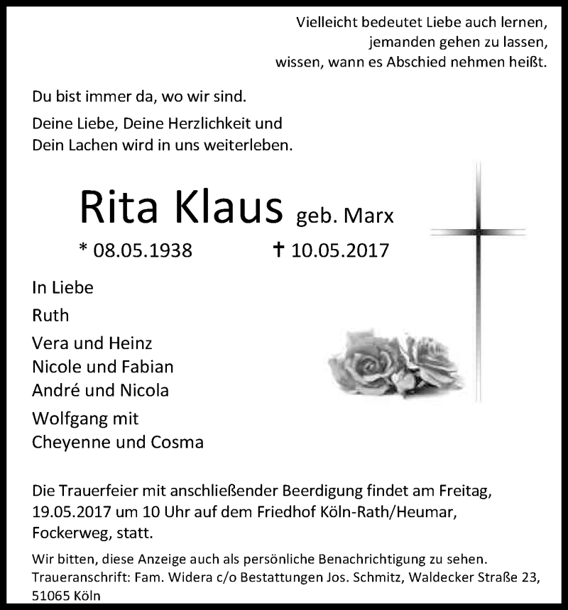  Traueranzeige für Rita Klaus vom 13.05.2017 aus Kölner Stadt-Anzeiger / Kölnische Rundschau / Express