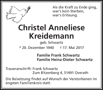 Anzeige von Christel Anneliese Kreidemann von  Bergisches Handelsblatt 