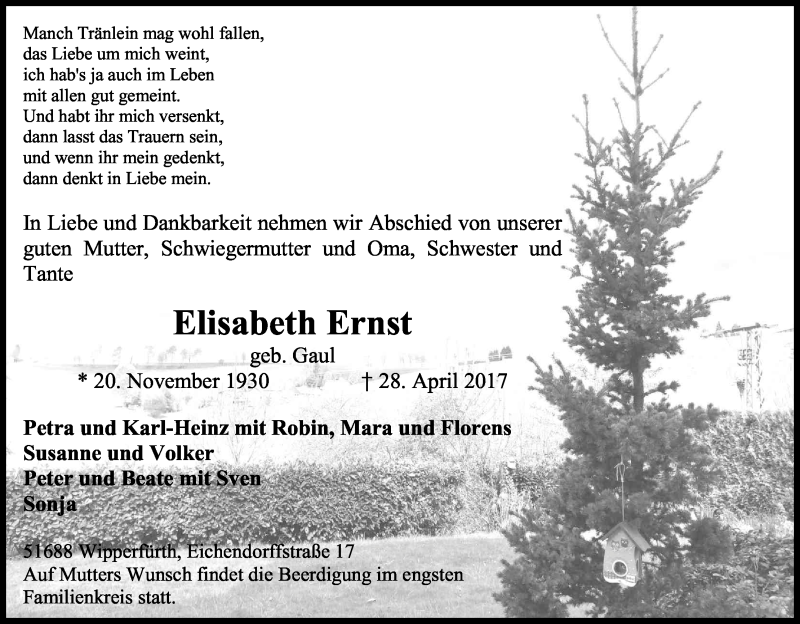  Traueranzeige für Elisabeth Ernst vom 03.05.2017 aus Kölner Stadt-Anzeiger / Kölnische Rundschau / Express