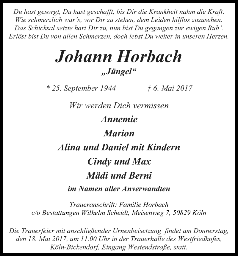  Traueranzeige für Johann Horbach vom 13.05.2017 aus Kölner Stadt-Anzeiger / Kölnische Rundschau / Express