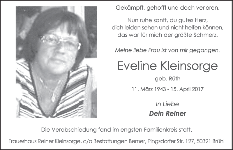  Traueranzeige für Eveline Kleinsorge vom 03.05.2017 aus  Schlossbote/Werbekurier 