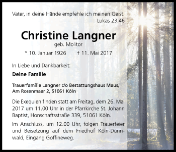 Anzeige von Christine Langner von Kölner Stadt-Anzeiger / Kölnische Rundschau / Express