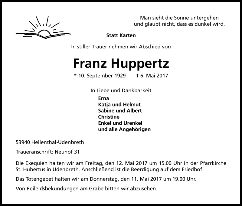  Traueranzeige für Franz Huppertz vom 10.05.2017 aus Kölner Stadt-Anzeiger / Kölnische Rundschau / Express