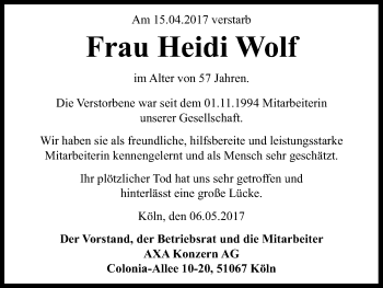 Anzeige von Heidi Wolf von Kölner Stadt-Anzeiger / Kölnische Rundschau / Express