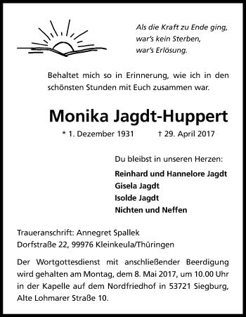 Anzeige von Monika Jagdt-Huppert von Kölner Stadt-Anzeiger / Kölnische Rundschau / Express
