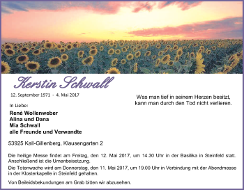 Anzeige von Kerstin Schwall von Kölner Stadt-Anzeiger / Kölnische Rundschau / Express