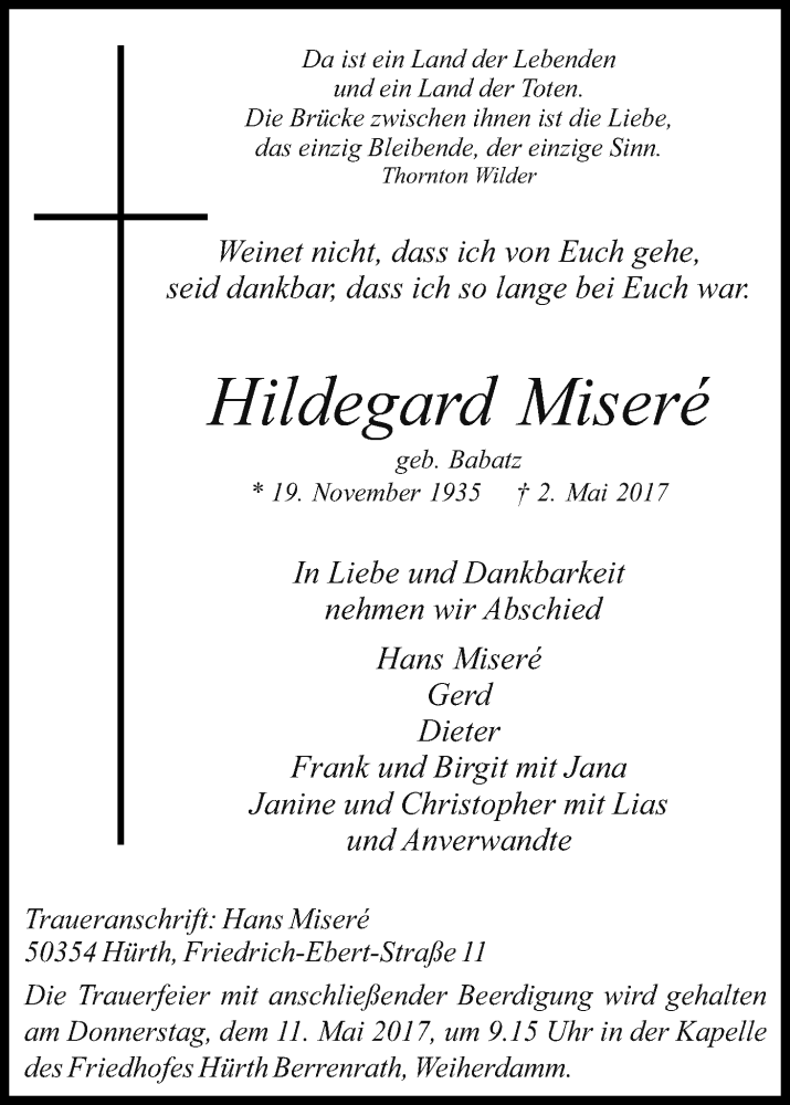  Traueranzeige für Hildegard Miseré vom 06.05.2017 aus Kölner Stadt-Anzeiger / Kölnische Rundschau / Express