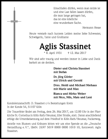 Anzeige von Aglis Stassinet von Kölner Stadt-Anzeiger / Kölnische Rundschau / Express