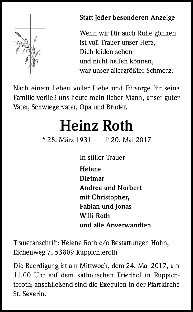  Traueranzeige für Heinz Roth vom 23.05.2017 aus Kölner Stadt-Anzeiger / Kölnische Rundschau / Express