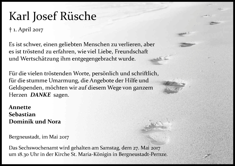  Traueranzeige für Karl Josef Rüsche vom 20.05.2017 aus Kölner Stadt-Anzeiger / Kölnische Rundschau / Express