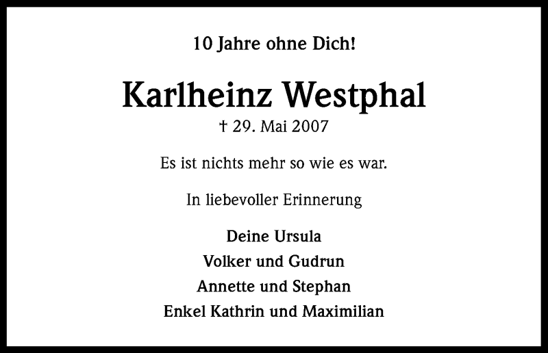 Traueranzeige für Karlheinz Westphal vom 29.05.2017 aus Kölner Stadt-Anzeiger / Kölnische Rundschau / Express