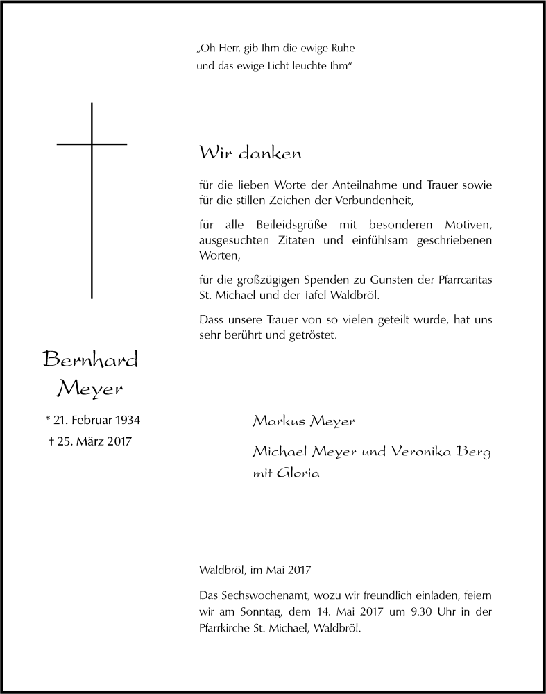  Traueranzeige für Bernhard Meyer vom 06.05.2017 aus Kölner Stadt-Anzeiger / Kölnische Rundschau / Express