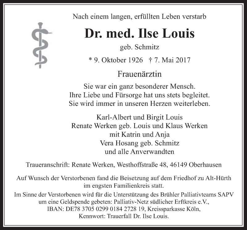  Traueranzeige für Ilse Louis vom 17.05.2017 aus  Wochenende 