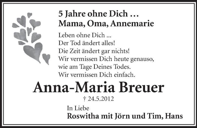  Traueranzeige für Anna-Maria Breuer vom 24.05.2017 aus  Schlossbote/Werbekurier 