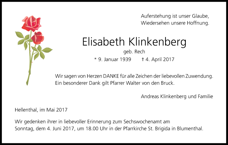  Traueranzeige für Elisabeth Klinkenberg vom 27.05.2017 aus Kölner Stadt-Anzeiger / Kölnische Rundschau / Express