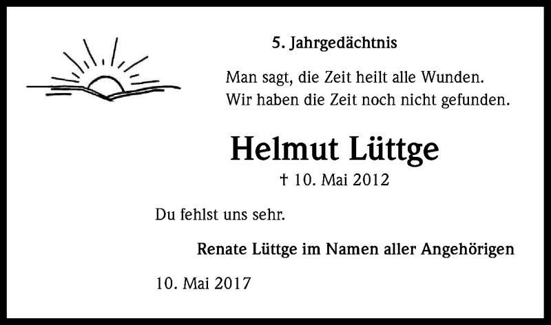  Traueranzeige für Helmut Lüttge vom 10.05.2017 aus Kölner Stadt-Anzeiger / Kölnische Rundschau / Express