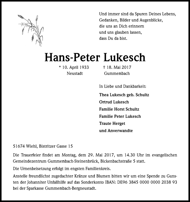  Traueranzeige für Hans-Peter Lukesch vom 23.05.2017 aus Kölner Stadt-Anzeiger / Kölnische Rundschau / Express