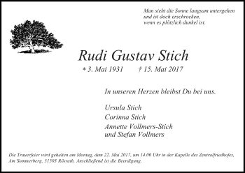 Anzeige von Rudi Gustav Stich von Kölner Stadt-Anzeiger / Kölnische Rundschau / Express
