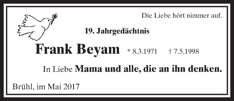  Traueranzeige für Frank Beyam vom 03.05.2017 aus  Schlossbote/Werbekurier 