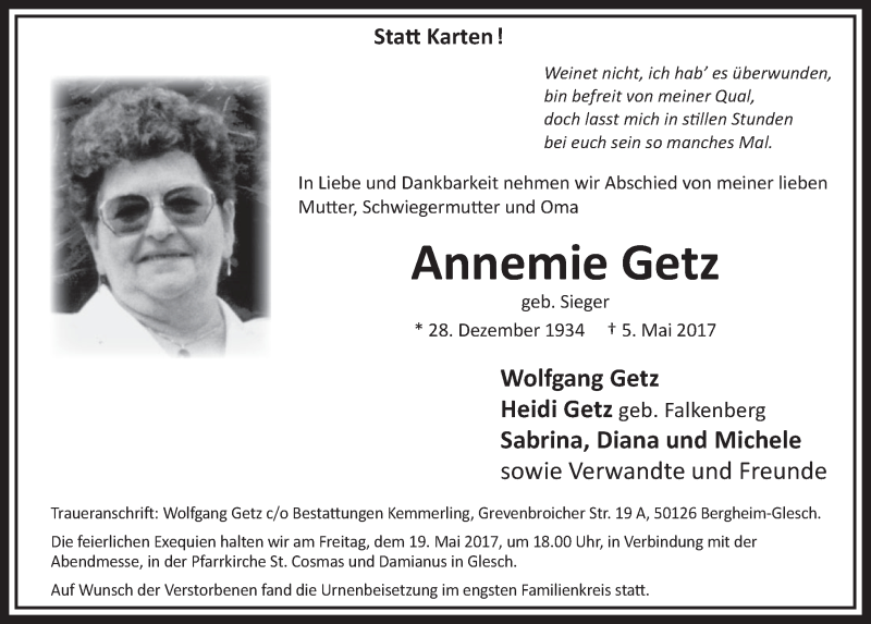  Traueranzeige für Annemie Getz vom 13.05.2017 aus  Sonntags-Post 