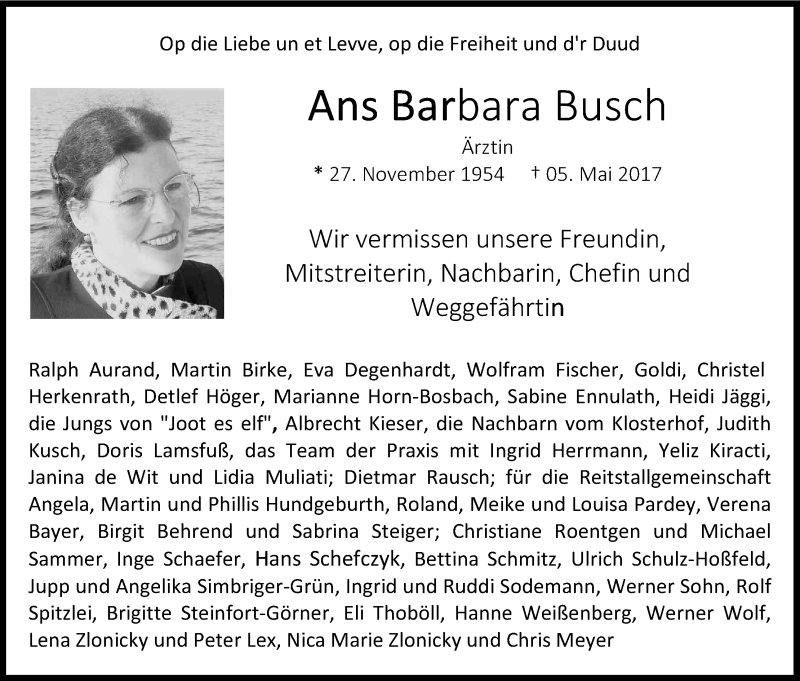  Traueranzeige für Ans Barbara Busch vom 13.05.2017 aus Kölner Stadt-Anzeiger / Kölnische Rundschau / Express