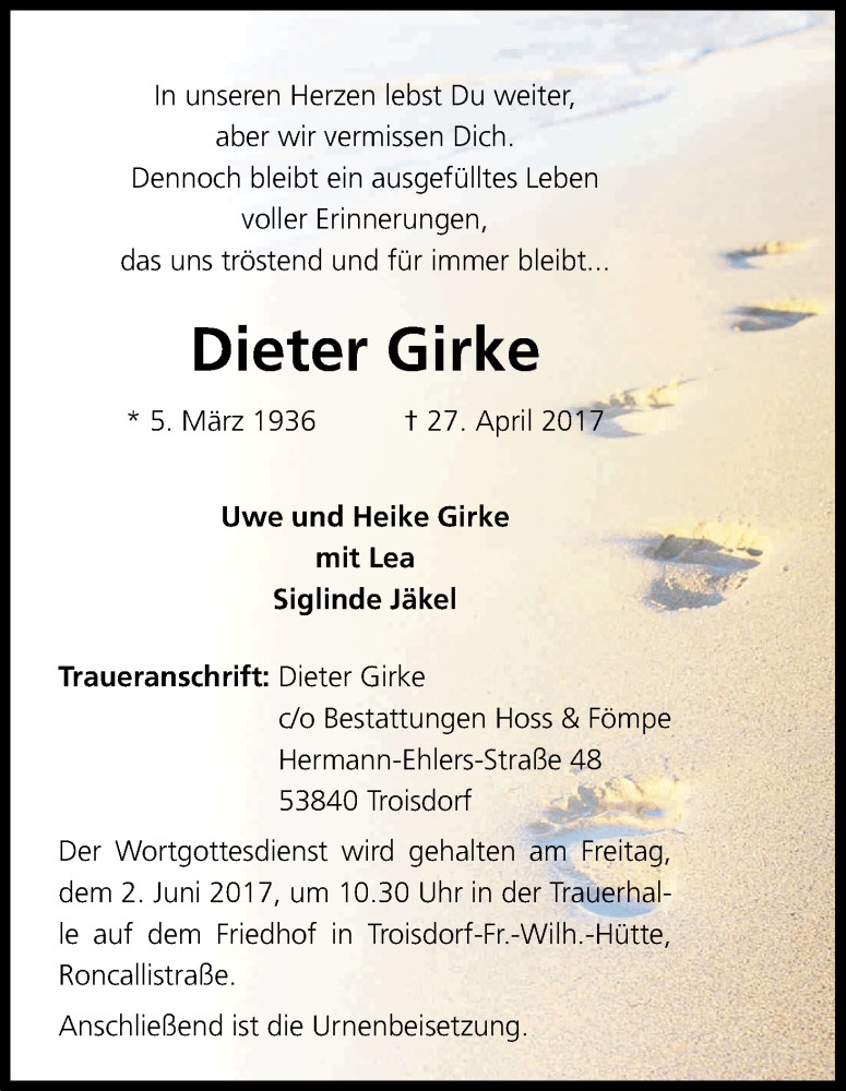  Traueranzeige für Dieter Girke vom 20.05.2017 aus Kölner Stadt-Anzeiger / Kölnische Rundschau / Express