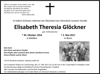 Anzeige von Elisabeth Theresia Glöckner von Kölner Stadt-Anzeiger / Kölnische Rundschau / Express