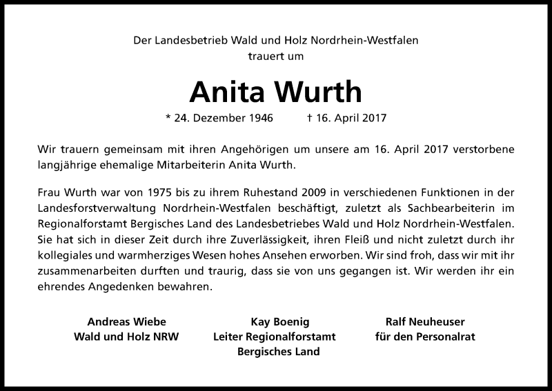  Traueranzeige für Anita Wurth vom 03.05.2017 aus Kölner Stadt-Anzeiger / Kölnische Rundschau / Express