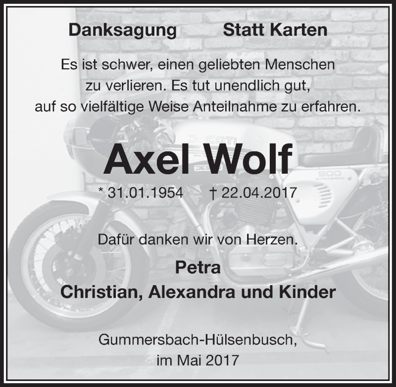  Traueranzeige für Axel Wolf vom 31.05.2017 aus  Anzeigen Echo 