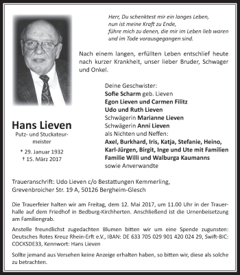 Anzeige von Hans Lieven von  Werbepost 