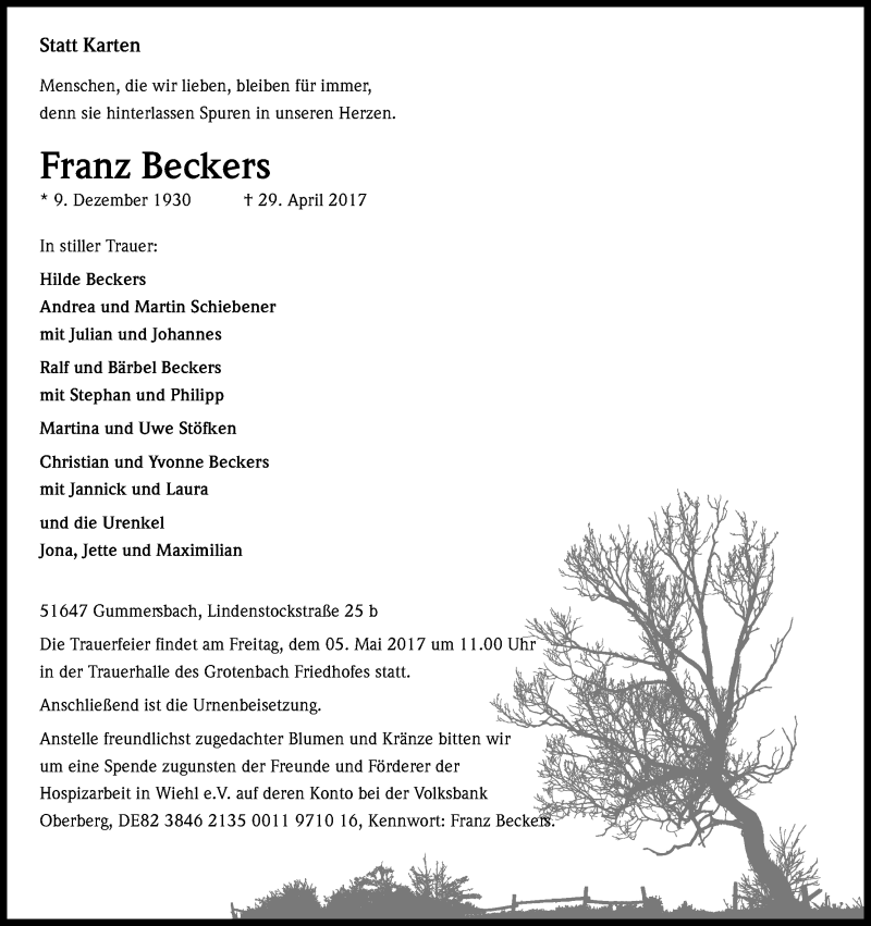  Traueranzeige für Franz Beckers vom 03.05.2017 aus Kölner Stadt-Anzeiger / Kölnische Rundschau / Express