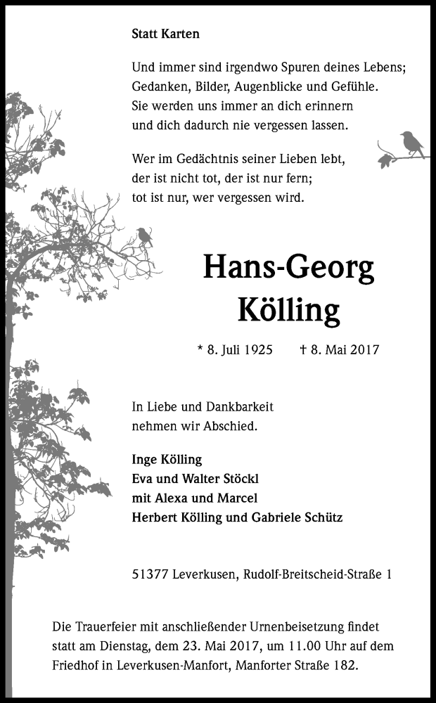  Traueranzeige für Hans-Georg Kölling vom 16.05.2017 aus Kölner Stadt-Anzeiger / Kölnische Rundschau / Express