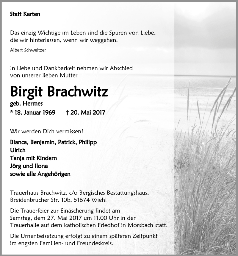  Traueranzeige für Birgit Brachwitz vom 24.05.2017 aus  Anzeigen Echo  Lokalanzeiger 